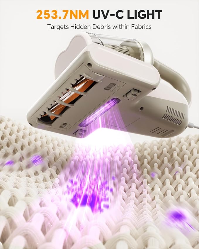 Mr.ego Mattress Vacuum Cleaner, 16Kpa Bed Vacuum with 253.7nm UV-C Light & Ultrasonic Deep Cleaning, Washable HEPA Filter, 16.4FT Corded, Handheld Vacuum for Bed, Couch, Crib, Carpet, Pet Hair