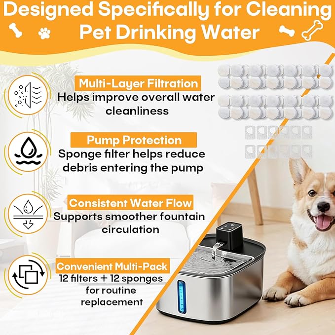 12+12 Pack Dog Water fountain Filters Compatible with Chumajor Wireless 7.5L/254oz/2Gal Dog Water Fountain, Multi-Layer Filtration for Large Dog Water Bowl Dispenser, Includes 12 Filters & 12 Sponges
