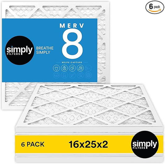 Simply 16x25x2 Air Filter, MERV 8, 6 Pack, Furnace Air Filter for HVAC (Actual Size:15.5"x24.5"x1.75") DUST, Pet, & Allergy Control
