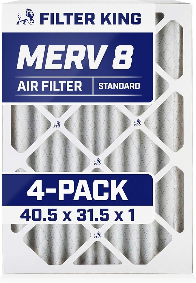 Filter King 40.5x31.5x1 Air Filter (MERV 8) (4-Pack) Dust & Allergy Control AC Furnace Filters, MADE IN USA, HVAC, Pleated, Electrostatic (Actual Size: 40.5 x 31.5 x .75)