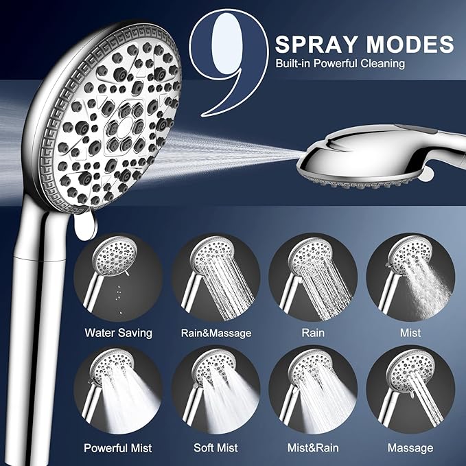 FEELSO Filtered Shower Head with Handheld, 9 Spray High Pressure Hand Held Showerhead with Filters, Water Softener Shower Heads for Hard Water with Leakproof Hose - Remove Chlorine -Power Wash for Pet
