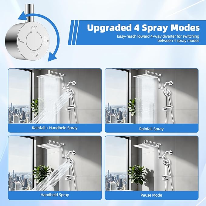 All-Metal 10" High-Pressure Rain Shower Head with Handheld - 10-Spray Power Wash with Filter Element, Easy Reach 4-Way Diverter with Pause Mode, Flexible 16" Extension Arm and 71" Hose, Chrome