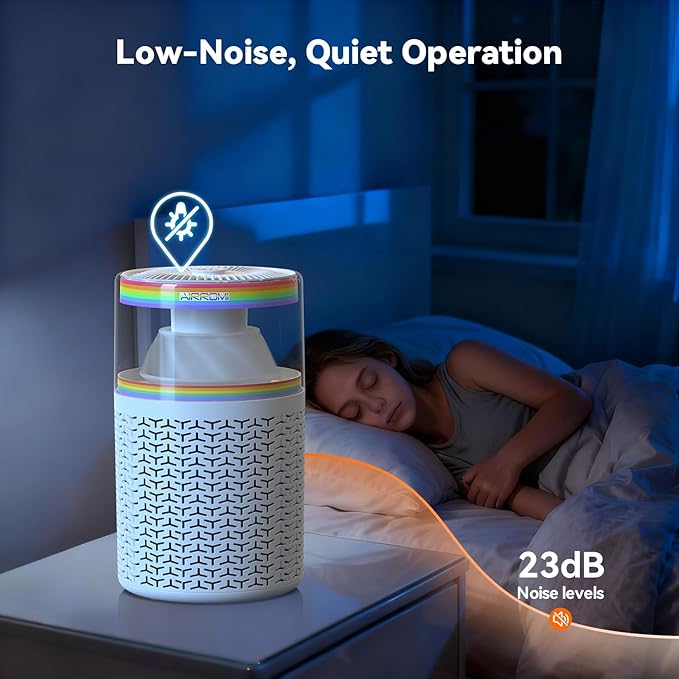 AIRROMI Pet Air Purifier for Home & Bedroom, HEPA Activated Carbon Filter, Removes Pet Dander & Odor, Allergies, Smoke, Hair, Night Light, Fragrance Sponge, Up to 658 ft², A2002 Rainbow