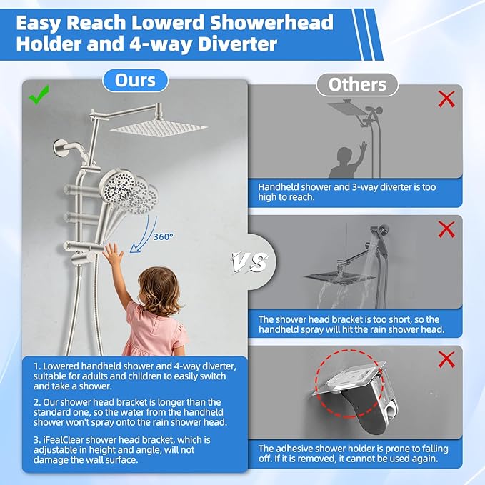 All-Metal 10" High-Pressure Rain Shower Head with Handheld- 10-Spray Power Wash with Shower Filter, Easy Reach 4-Way Diverter with Pause Mode, Adjustable 16" Extension Arm/ 71" Hose, Brushed Nickel