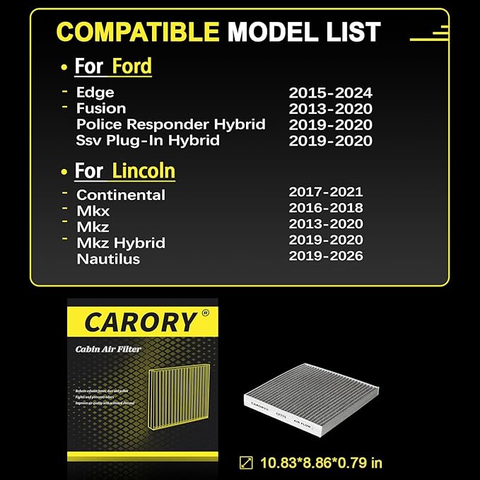 CARORY Cabin Air Filter w/Activated Carbon for Ford Edge 2015–2024, Fusion 2013–2020, Lincoln Continental 2017–2021, MKX 2016–2018, MKZ 2013–2020, Nautilus 2019–2026 and More