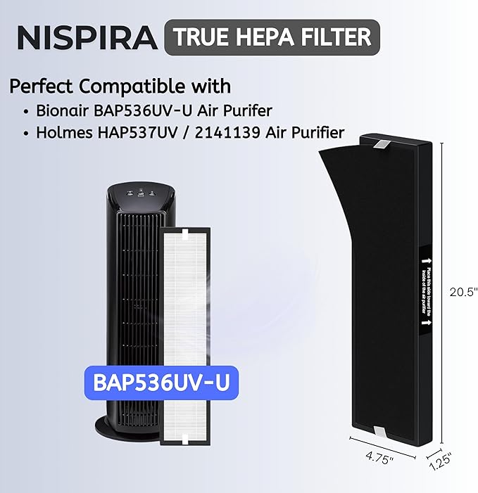 Nispira 1 Set 182550 Filter Replacement Compatible with Bionaire BAP536UV-U Holmes HAP537UV / 2141139 Air Purifier, 1 HEPA 4 Pre filters