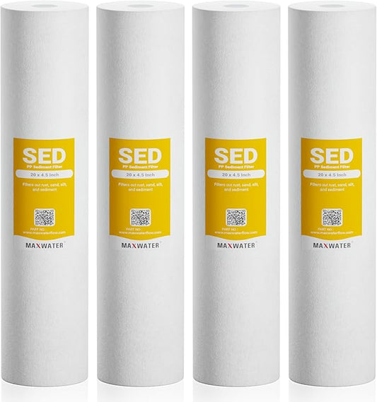 Max Water 10 Micron 20 x 4.5 Sediment Water Filter Replacement Cartridge, Whole House Sediment Filtration Compatible with DGD-5005-20, FP25B, AP810-6, FPMB5-20, P5-20, 155358-43, SDC-45-2005, 4 Pack