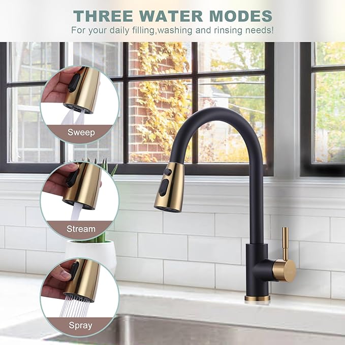 Black and Gold Kitchen Faucet with Sprayer, WOWOW Kitchen Sink Faucet Stainless Steel Single Handle Kitchen Faucets with Deck Plate, 360 Swivel High Arc Single Hole RV Kitchen Faucet