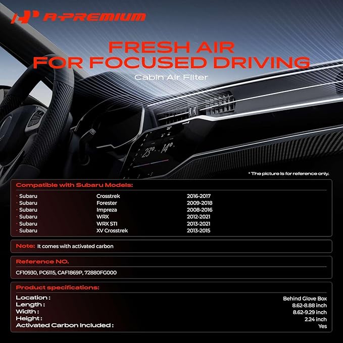 A-Premium Cabin Air Filter with Activated Carbon Compatible with Subaru Model - Crosstrek 2016-2017, Forester 2009-2018, Impreza 2008-2016, WRX 2012-2021, XV Crosstrek 2013-2015 - Behind Glove Box