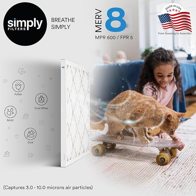 Simply 6x6x1 Air Filter, Merv 8, MPR 600, 4 Pack, Furnace Air Filter for HVAC (Actual Size: 5.75"x5.75"x0.75") DUST, Pet, & Allergy Control