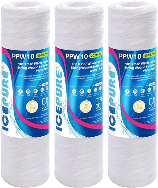 ICEPURE 20 Micron 10" x 2.5" Whole House String Wound Sediment Water Filter for Well filter Replacement for Aqua-Pure AP110, WP-5, Culligan P5, CFS110, CW-MF, WFPFC4002, Any 10 inch RO Unit, 3PACK