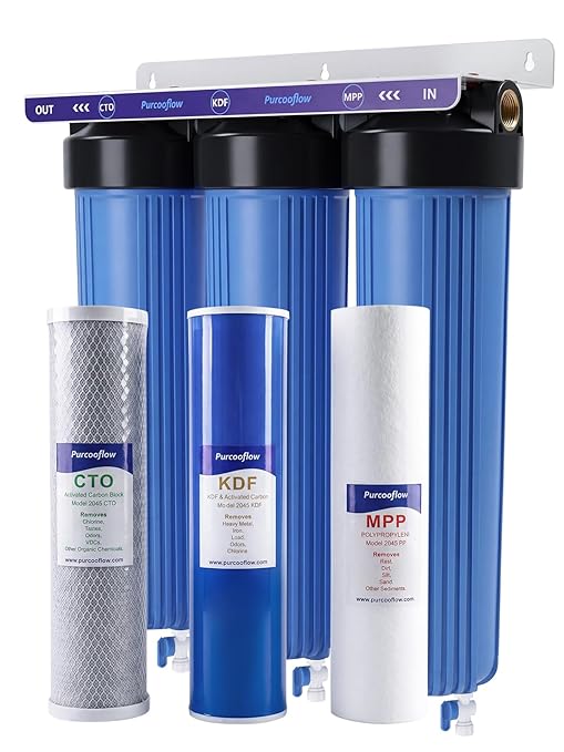 3-Stage Whole House Water Filter System, Heavy Metal Reduction, 20x4.5 Inch, Includes PP, KDF & CTO Carbon Block, 1" NPT Brass Ports, Drain Valves & Install Kit
