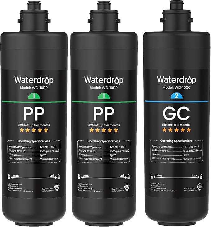 Waterdrop TSA 3-Stage Replacement Water Filter, 3-Pack (2 x 10PP, 1 x 10GC), Replacement for Waterdrop TSA & TSB & TSA-UF & TSB-CM 3-stage Under Sink Water Filtration System