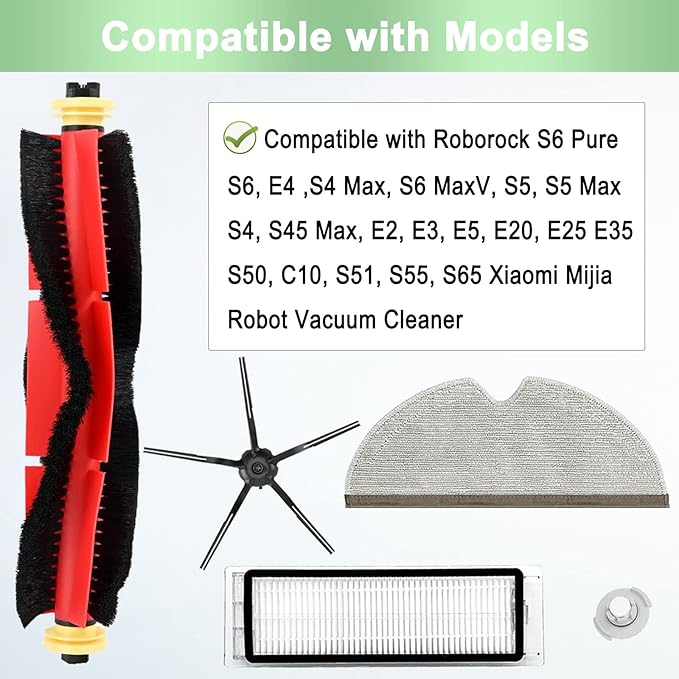 13 Pack Replacement Parts Compatible for Roborock S6 Pure S6 E4 S4 Max S6 MaxV S5 S5 Max S4 E2 E3 E5 E20 E25 E35 Xiaomi Mijia Robot 1 Main Brush 3 Filter 3 Side Brush 3 Mop Cloth 3 Water Tank Filter