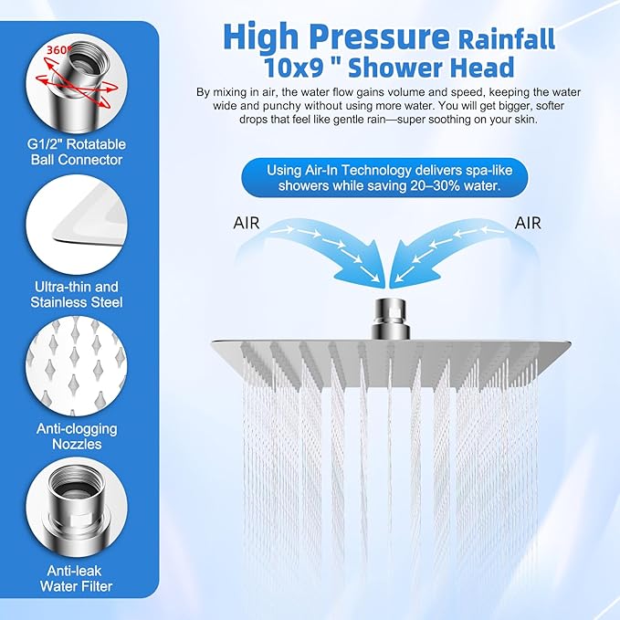 All-Metal 10" High-Pressure Rain Shower Head with Handheld - 10-Spray Power Wash with Filter Element, Easy Reach 4-Way Diverter with Pause Mode, Flexible 16" Extension Arm and 71" Hose, Chrome