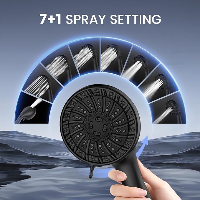 PWERAN Filtered Shower Head with Handheld, High Pressure 8 Spray Showerhead with Filters & Upgraded Detachable Shower Head, Water Softener Filters Beads for Hard Water -Remove Chlorine (Black)
