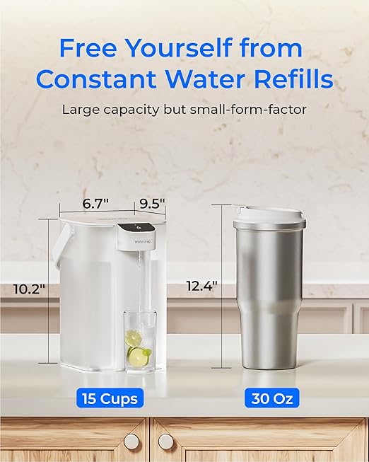 Waterdrop ED61W Water Filter Dispenser, 200-Gallon Rechargeable Water Pitcher, Instant 15-Cup Countertop System, 10X Filtration Efficiency, Reduce 98% Chlorine and 20+ Contaminants, White