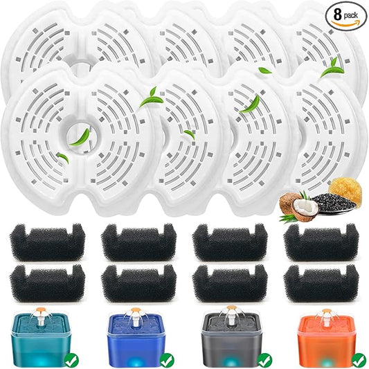 8 Pack - Cat - Water - Fountain - Filters with 8 Sponges, Replacement Filters for 67oz/2L Pet Drinking Fountain Dog Water Dispenser