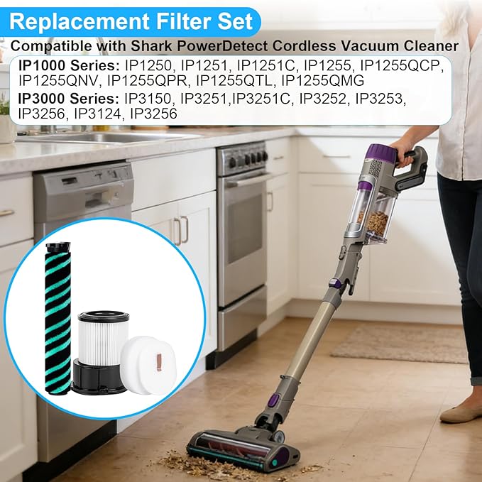 Filter set and Soft Roller for Shark PowerDetect Cordless Stick Vacuum with Duoclean Technology IP3251 IP3253 IP1255 IP1251, 1 Post-Motor HEPA Filter, 3 Foam & Felt kit, 1 Soft Roller Brush