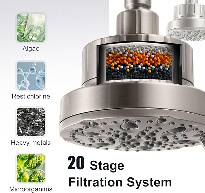 OFFO Filtered Shower Head, 20 Stage Shower Filter Head for Hard Water with Pause Mode, 9 Modes High Pressure Shower Head with Filter for Remove Chlorine and Harmful, Brushed Nickel