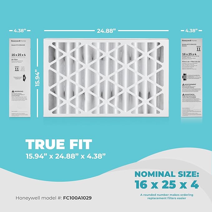 16x25x4 Air Filter Replacement MERV 11, FC100A1029 Pleated HVAC AC Furnace Filters with Wholesalehome Cleaning Cloth, 2-Pack (Actual Size: 15.94 x 24.86 x 4.38 Inches)