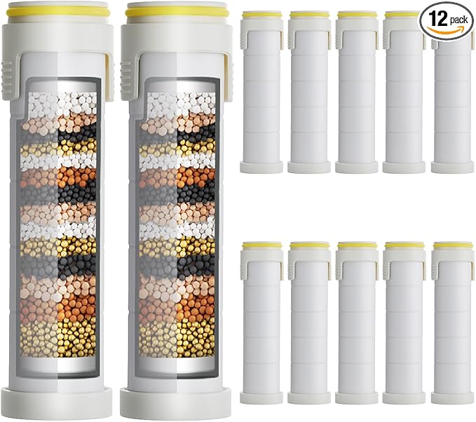 Ion drops shower head filter 12-pack,18-Stage Advanced Shower Filter Cartridge - Mineral Enrichment, Chlorine & Heavy Metal Removal, Skin & Hair Revitalization