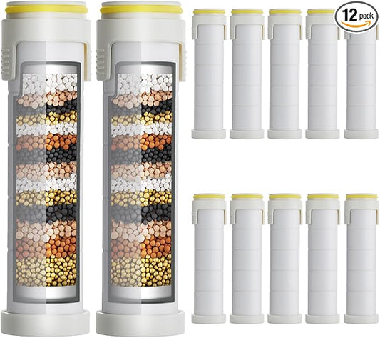 Ion drops shower head filter 12-pack,18-Stage Advanced Shower Filter Cartridge - Mineral Enrichment, Chlorine & Heavy Metal Removal, Skin & Hair Revitalization