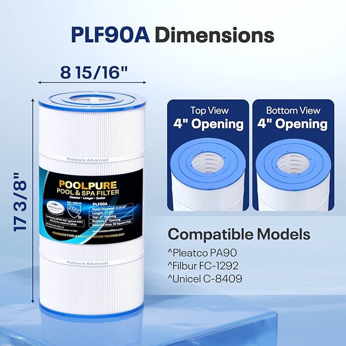 POOLPURE PLF90A Pool Filter Replaces Hayward C900, CX900RE, Pleatco PA90, Ultral-B6, Unicel C-8409, Filbur FC-1292, Sta-Rite PXC95, 90 sq.ft, L x OD: 17 3/8" x 8 15/16" (1 Pack)