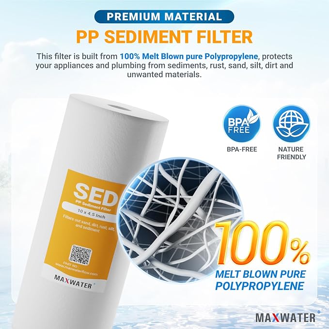 Max Water 1 Micron 10 x 4.5 Whole House Sediment Water Filter Meltblown Polypropylene Well Water Filter Replacement Cartridges for DGD-5005, AP810, SDC-45-1001, GXWH30C, PP10BB (20 Pack)