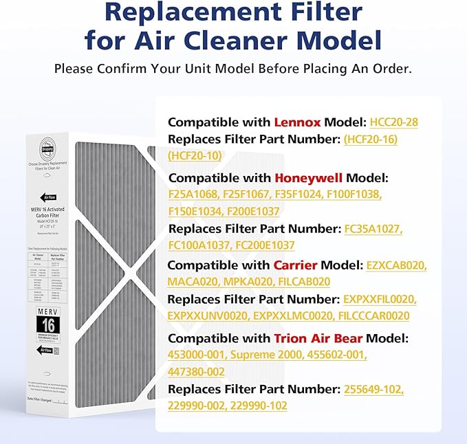1 Pack 20x25x5 MERV 16 Air Filter, Compatible with Lennox HCC20-28 MERV 16 Furnace Filter for HVAC System, Part Number HCF20-16, HCF20-10