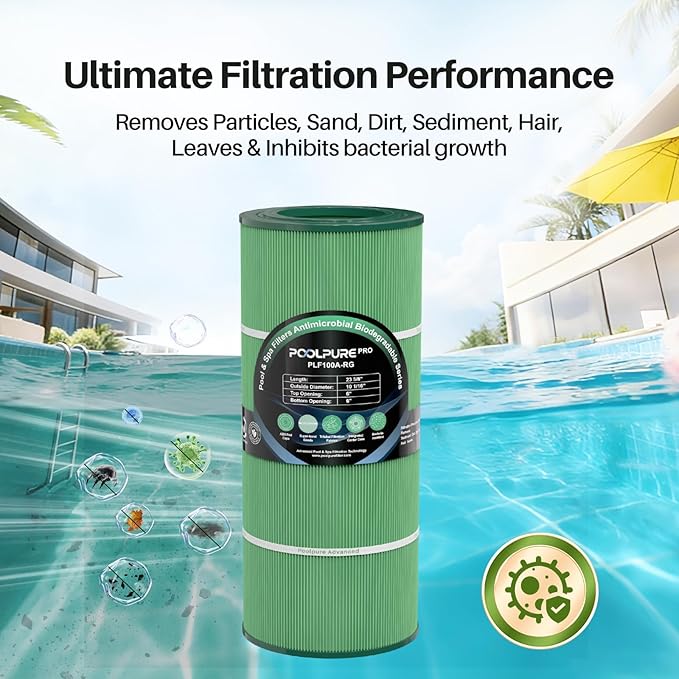 POOLPURE PAP100 Antimicrobial Pool Filter, Compatible with CCRP100, PAP100, Ultral-C3, Unicel C-9410, R173215, Filbur FC-0686, 59054200, 160316, 160354, L x OD:23 5/8" x 10 1/16"