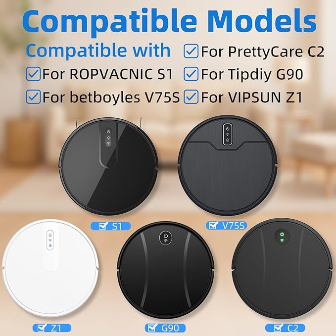 Accessories Kit for ROPVACNIC S1, for Tipdiy G90, for betboyles V75S, for VIPSUN Z1, for PrettyCare C2 Robot Vacuum Replacement Parts, 8 Side Brush, 8 HEPA Filter, 8 Mop Pad