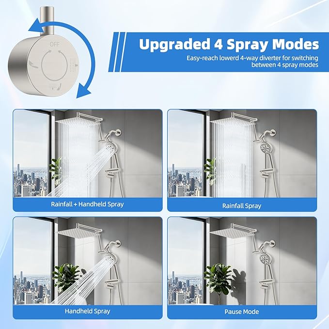 12" All-Metal High-Pressure Rain Shower Head with Handheld- 10-Spray Power Wash with Shower Filter, Easy Reach 4-Way Diverter with Pause Mode, Adjustable 16" Extension Arm/ 71" Hose, Brushed Nickel