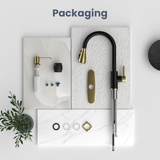 APPASO Black and Gold Kitchen Faucet, CUPC-Certified Hoses, Lead-Free Sink Faucets with Soap Dispenser and Pull Down Sprayer 3 Modes, High Arch Faucet with Deck Plate for 1 to 4 Holes Sink