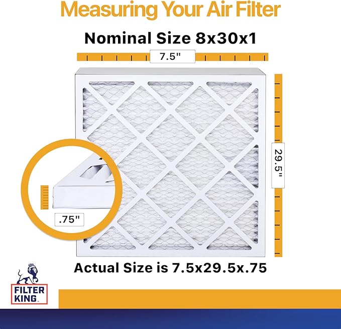 Filter King 8x30x1 Air Filter (MERV 13) (12-Pack) Dust & Allergy Control AC Furnace Filters, MADE IN USA, HVAC, Pleated, Electrostatic (Actual Size: 7.5 x 29.5 x .75)