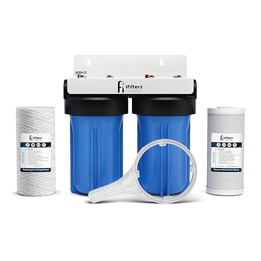 iFilters Whole House Filtration System Complete Dual Stage Sediment Chlorine Taste Odor VOC's, 1" Ports, Multicolor