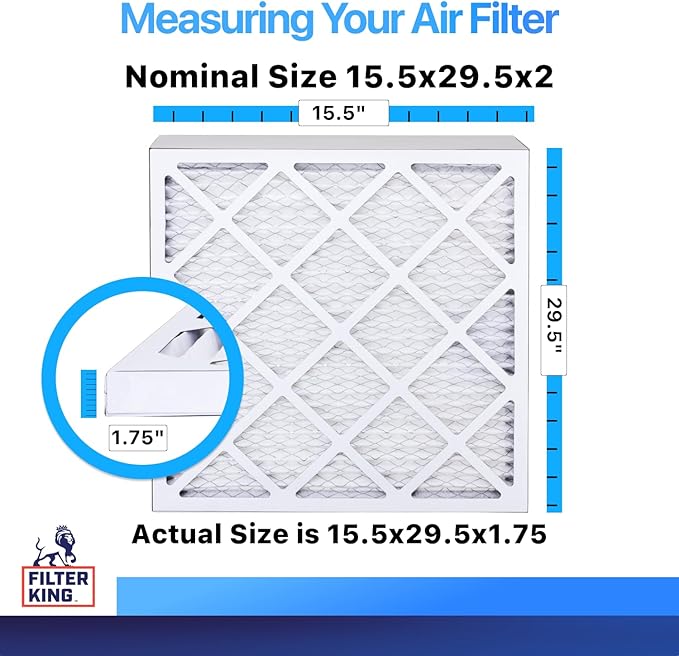 Filter King 15.5x29.5x2 Air Filter (MERV 8) (5-Pack) Dust & Allergy Control AC Furnace Filters, MADE IN USA, HVAC, Pleated, Electrostatic (Actual Size: 15.5 x 29.5 x 1.75)