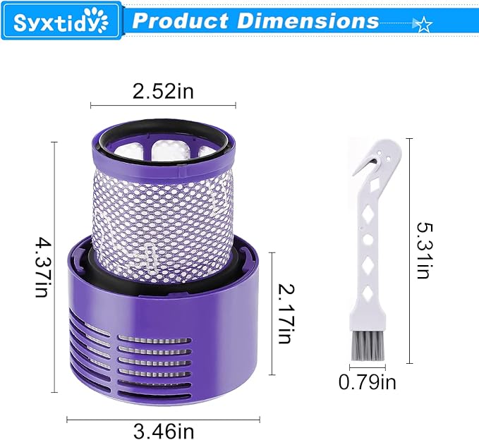 V10 Filter Replacement for Dyson V10 Cyclone series, V10 Absolute, V10 Animal, V10 Total Clean, Part No.969082-01, Purple,2 Pack Filters and 1 Clean Brush