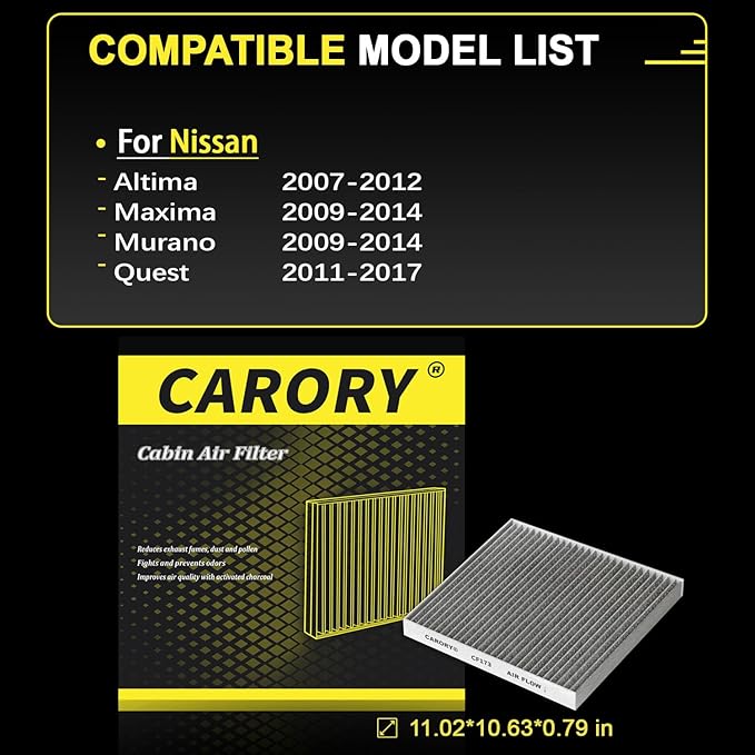 CARORY Cabin Air Filter w/Activated Carbon for 2007-2012 Nissan Altima, 2009-2014 Murano, 2009-2014 Maxima, 2011-2017 Quest, 27277-JA000, 27277-JA00A, 2008 2009 2010 2011 2012 2013 2014 2015 2016