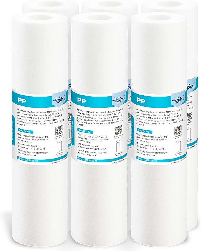Membrane Solutions 20 Micron 10" x 2.5" Sediment Water Filter Replacement Cartridge for Water Filter 10 x 2.5 inch Whole House Water System, Compatible with GE FXUSC, AP110, WHKF-GD05-6 Pack