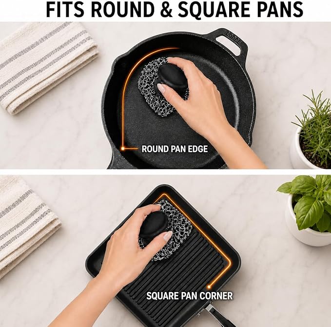 Cast Iron Scrubber and Scraper | 316 Chainmail Scrubber for Cast Iron Pan Skillet Cleaner | Chain Mail Scrubber for Dishes Pots Wok Griddle Grill | Dish Scouring Pad Dishwasher Safe, Black 02