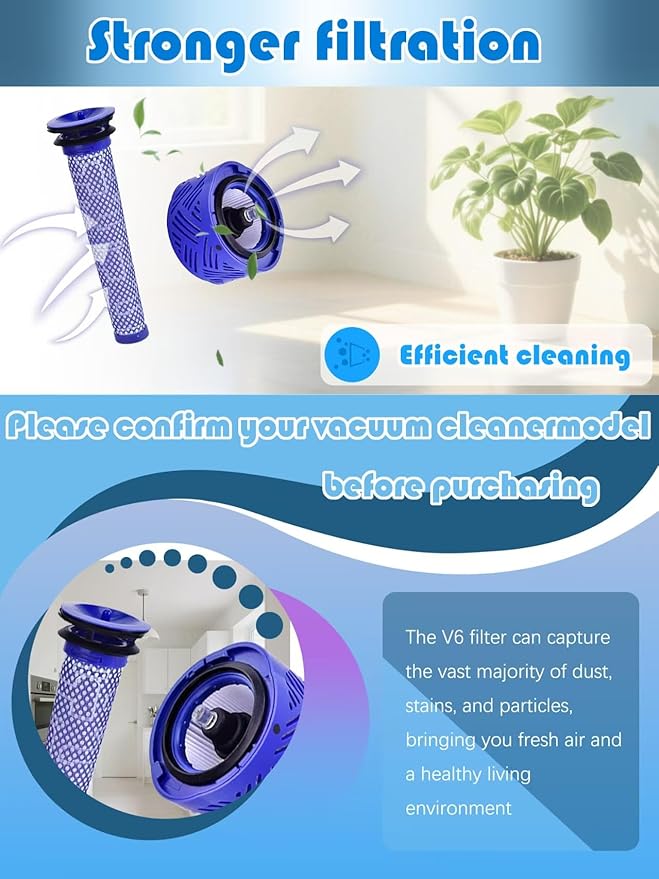 Suitable for Dyson V6 Absolute Vacuum Filter Replacement Set, Blue, 2 Front and 2 Rear Filters with Cleaning Brush, Compatible with V6 Series