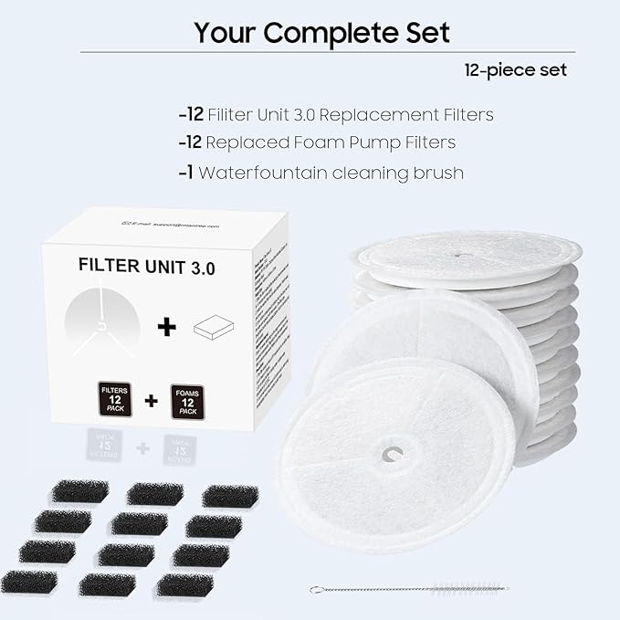 12 PCS Upgraded Filter Unit 3.0 Pet Cat Water Fountain Filters Fit For Solo 2/Solo SE, 3 Pro/2S/3, Including Replacement Filters and Replaced Foam Pump Filter (12 pcs)