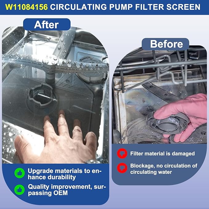 W11084156 Dishwasher Filter Compatible with Whirlpool KitchenAid Maytag Jenn-Air Amana Inglis Magic Chef. W11084156 AP6048028 Circulating Pump Filter Replace W10713298 4534056 PS12070547