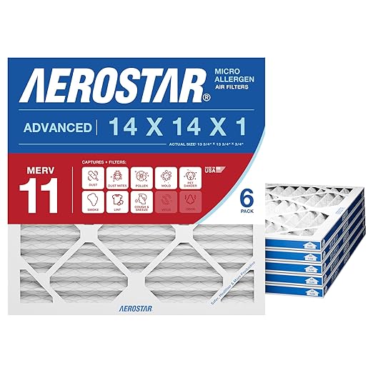 Aerostar 14x14x1 MERV 11 Air Filter, 6 Count, ACTUAL SIZE (13.75 x 13.75 x 0.75), HVAC, Air Conditioning & Furnace Filter for Dust, Pet Dander, Smoke & Allergies (MPR 1200 / FPR 7), Made in USA