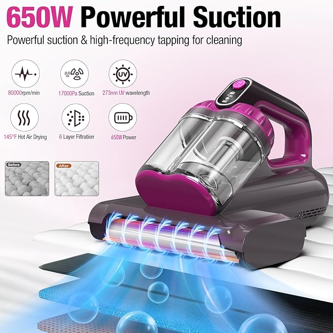 BYHUME Mattress Vacuum Cleaner, 17Kpa Bed Vacuum Cleaner, 273nm UV-C Light & Ultrasonic 145°F Heating, 80000 RPM/Min Brushroll Rotation, Wide Suction Port for Pillows Cribs Sofa, Black Corded