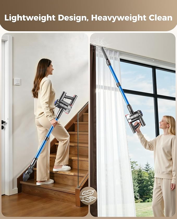 Cordless Vacuum Cleaner, 450W 40KPA Vacuum Cleaners for Home, 45Mins Lightweight Stick Vac with Anti-Tangle Brush, LED Display, Rechargeable Battery for Home, Carpets, Pet Hair, Hardwood Floors