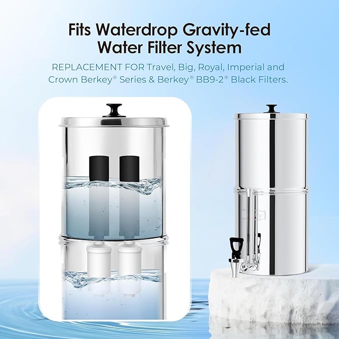Waterdrop Gravity Water Filter, Replacement for Berkey®, Purewell®, ProOne®, BB9-2® Black Filters & PF-2® Fluoride Filters, Waterdrop Gravity Water Filter System, NSF/ANSI 372 Standard, Combo Pack