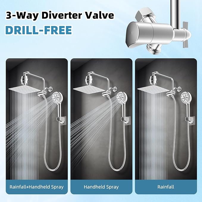 Filtered Shower Head, 10" High Pressure 10-Spray Handheld/Rainfall Shower Head Combo with 20 Stage Shower Filter, 11" Shower Extension Arm, 71" Hose, Shower Head Holder, Chrome