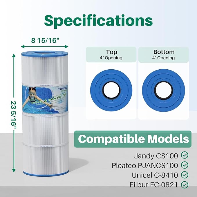 TOREAD CS100 Pool Filter Replaces Jandy CS100, R0462200, PJANCS100, Ultral-B2, Porpoise PP-B2, Unicel C-8410, Filbur FC-0821,SD-01070, AK-70041,100 Sq. Ft Pool Filter Cartridge 1 Pack